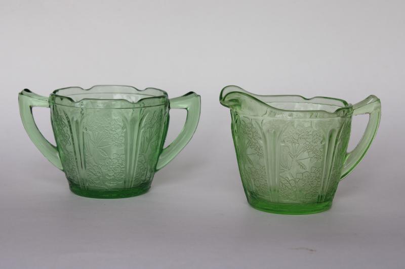 photo of vintage cherry blossom pattern green depression glass, cream pitcher & sugar bowl set #1