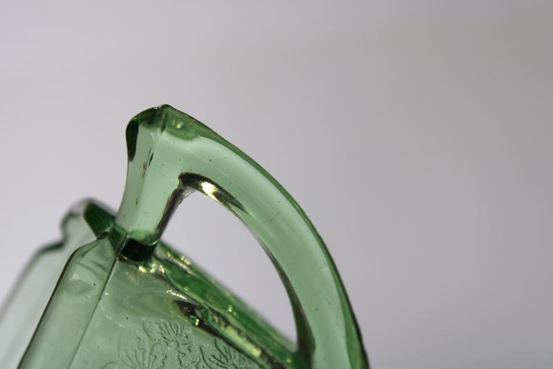 photo of vintage cherry blossom pattern green depression glass, cream pitcher & sugar bowl set #2