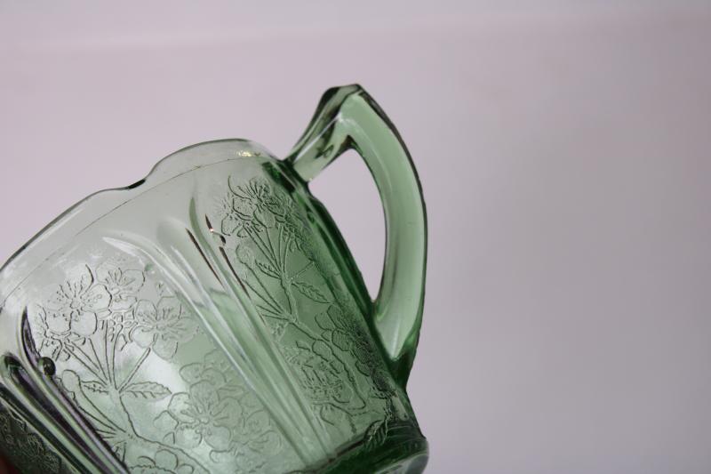 photo of vintage cherry blossom pattern green depression glass, cream pitcher & sugar bowl set #4