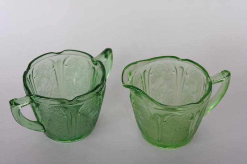 photo of vintage cherry blossom pattern green depression glass, cream pitcher & sugar bowl set #6