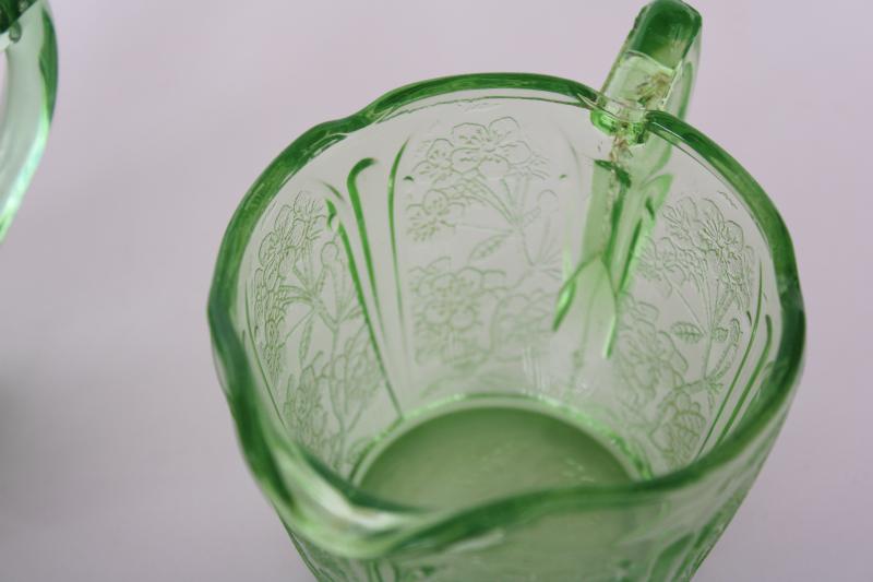 photo of vintage cherry blossom pattern green depression glass, cream pitcher & sugar bowl set #10