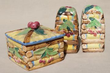 catalog photo of vintage cherry cottage log cabin w/ cherries vintage Japan ceramic S&P fridge box set