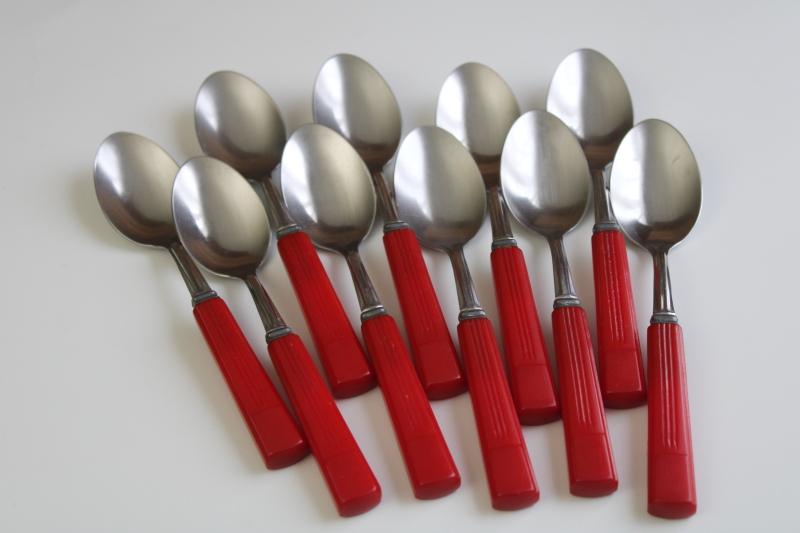 photo of vintage cherry red bakelite handle spoons, set of 10 matching teaspoons mid century modern flatware #2
