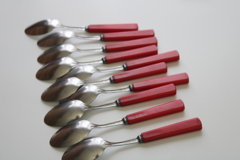 photo of vintage cherry red bakelite handle spoons, set of 10 matching teaspoons mid century modern flatware #3