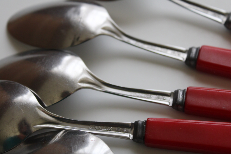 photo of vintage cherry red bakelite handle spoons, set of 10 matching teaspoons mid century modern flatware #4
