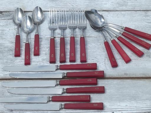 photo of vintage cherry red bakelite handle utensils, D french monogram flatware #1