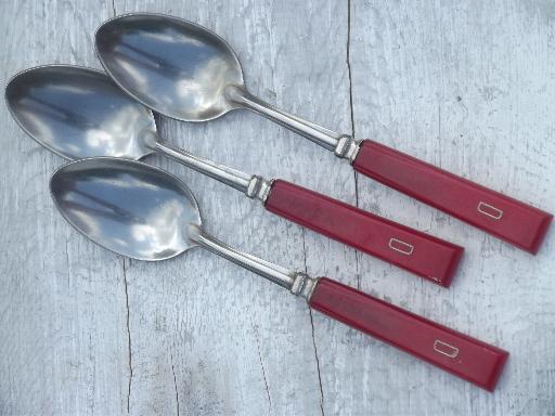 photo of vintage cherry red bakelite handle utensils, D french monogram flatware #2