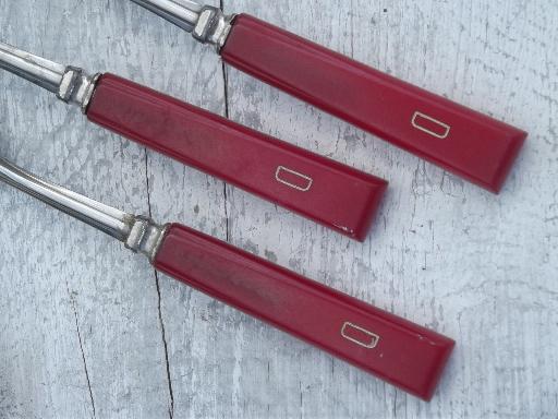 photo of vintage cherry red bakelite handle utensils, D french monogram flatware #3