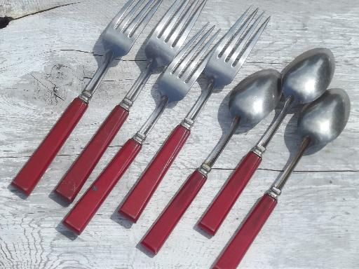 photo of vintage cherry red bakelite handle utensils, D french monogram flatware #4