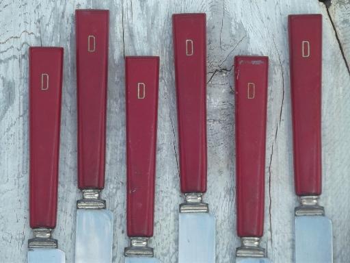 photo of vintage cherry red bakelite handle utensils, D french monogram flatware #7