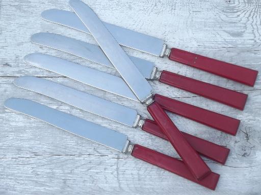 photo of vintage cherry red bakelite handle utensils, D french monogram flatware #8