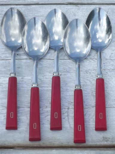 photo of vintage cherry red bakelite handle utensils, D french monogram flatware #9