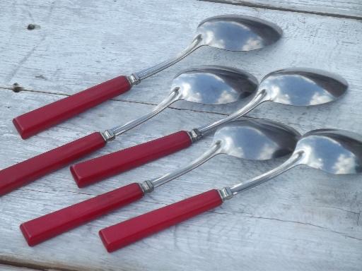 photo of vintage cherry red bakelite handle utensils, D french monogram flatware #10