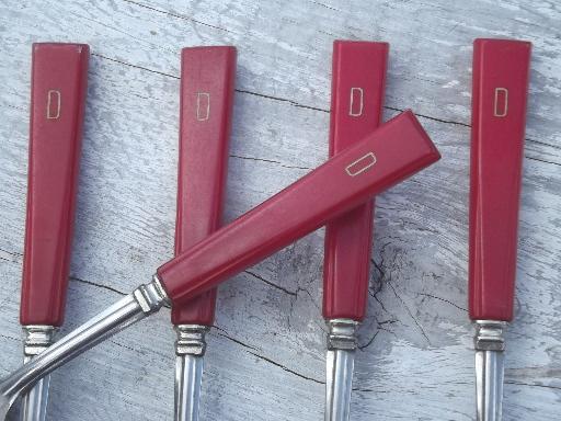 photo of vintage cherry red bakelite handle utensils, D french monogram flatware #11