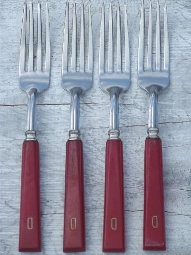 photo of vintage cherry red bakelite handle utensils, D french monogram flatware #12