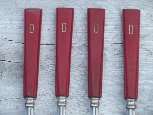 photo of vintage cherry red bakelite handle utensils, D french monogram flatware #13