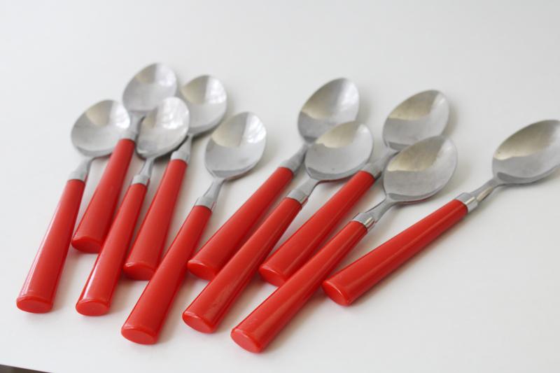 photo of vintage cherry red plastic handles stainless flatware, set of ten teaspoons dessert spoons #3