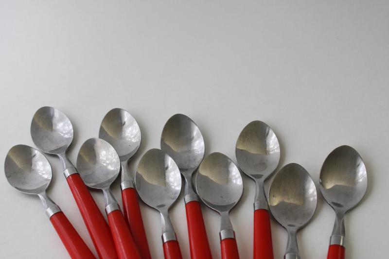 photo of vintage cherry red plastic handles stainless flatware, set of ten teaspoons dessert spoons #4