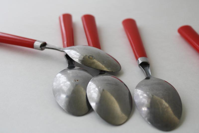 photo of vintage cherry red plastic handles stainless flatware, set of ten teaspoons dessert spoons #5