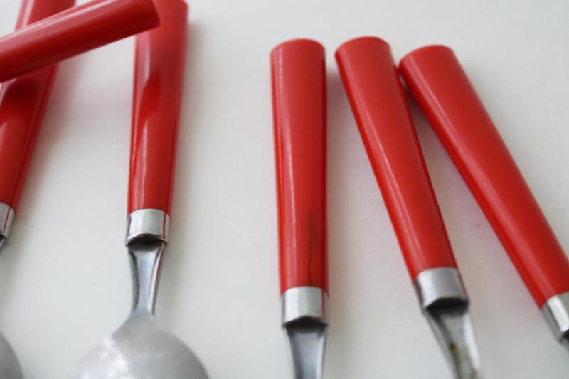 photo of vintage cherry red plastic handles stainless flatware, set of ten teaspoons dessert spoons #7
