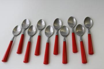 catalog photo of vintage cherry red plastic handles stainless flatware, set of ten teaspoons dessert spoons