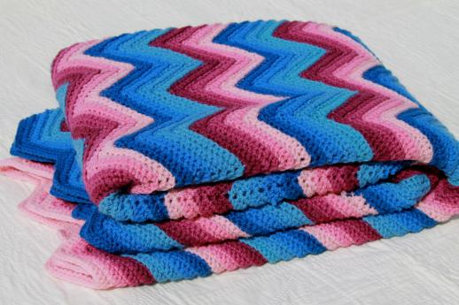 photo of vintage chevron striped crochet afghan in shades of pink & blue, crocheted wool blanket #2