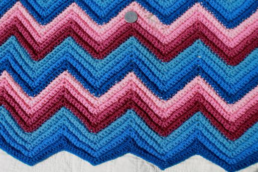 photo of vintage chevron striped crochet afghan in shades of pink & blue, crocheted wool blanket #3
