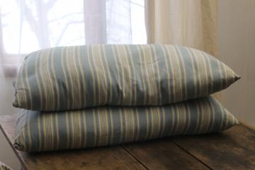 catalog photo of vintage chicken feather bed pillows, striped cotton ticking pillows farmhouse style