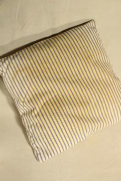 catalog photo of vintage chicken feather pillow, blue & white ticking stripe chair seat cushion