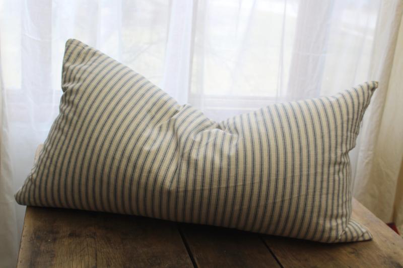 photo of vintage chicken feather pillow, farmhouse indigo blue striped cotton ticking fabric #1