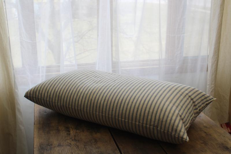 photo of vintage chicken feather pillow, farmhouse indigo blue striped cotton ticking fabric #2