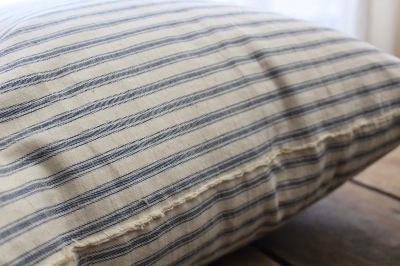 photo of vintage chicken feather pillow, farmhouse indigo blue striped cotton ticking fabric #4