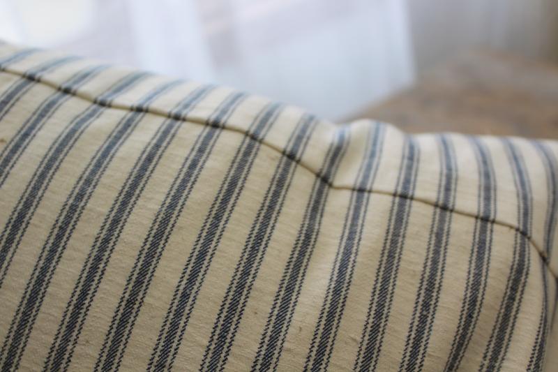 photo of vintage chicken feather pillow, farmhouse indigo blue striped cotton ticking fabric #5