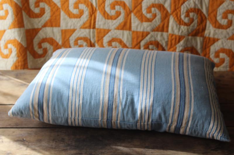 photo of vintage chicken feather pillow, farmhouse style soft blue striped cotton fabric #1