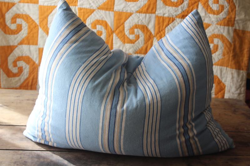 photo of vintage chicken feather pillow, farmhouse style soft blue striped cotton fabric #2