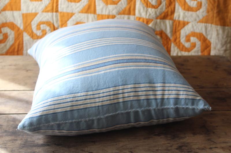 photo of vintage chicken feather pillow, farmhouse style soft blue striped cotton fabric #3