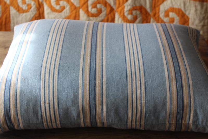 photo of vintage chicken feather pillow, farmhouse style soft blue striped cotton fabric #4