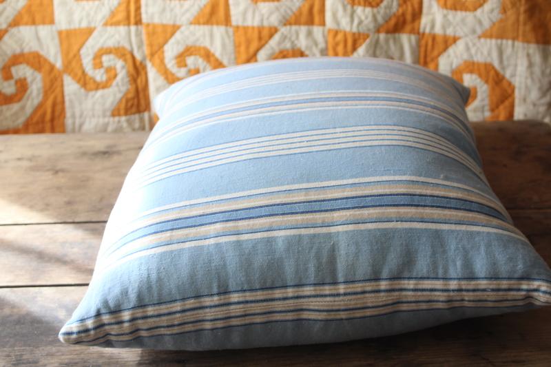 photo of vintage chicken feather pillow, farmhouse style soft blue striped cotton fabric #5