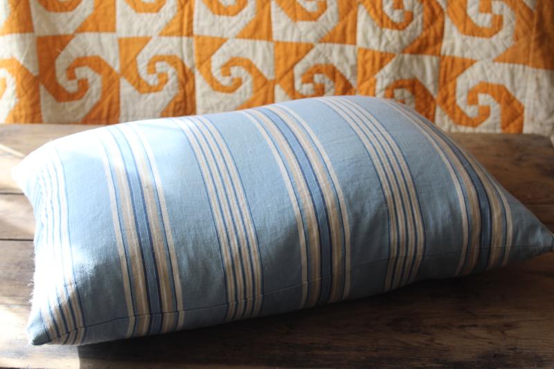 photo of vintage chicken feather pillow, farmhouse style soft blue striped cotton fabric #6