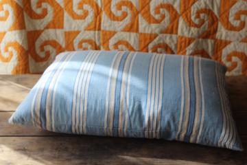 catalog photo of vintage chicken feather pillow, farmhouse style soft blue striped cotton fabric