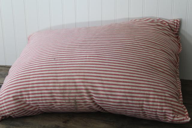 photo of vintage chicken feather pillow in barn red striped cotton ticking fabric cover #1