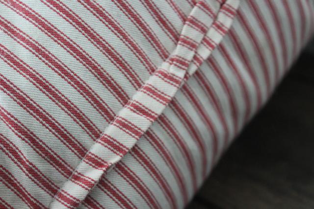 photo of vintage chicken feather pillow in barn red striped cotton ticking fabric cover #3