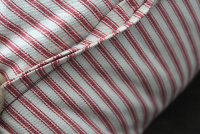 photo of vintage chicken feather pillow in barn red striped cotton ticking fabric cover #4