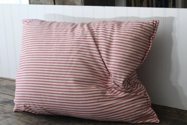 photo of vintage chicken feather pillow in barn red striped cotton ticking fabric cover #5