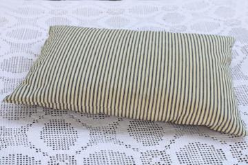 catalog photo of vintage chicken feather pillow, indigo blue striped heavy cotton ticking fabric cover