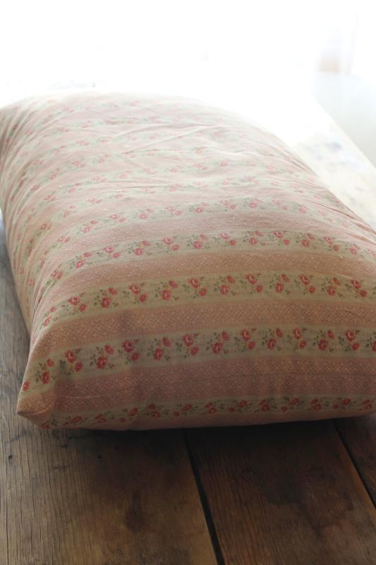 photo of vintage chicken feather pillow, pink & white print floral striped cotton ticking fabric #2