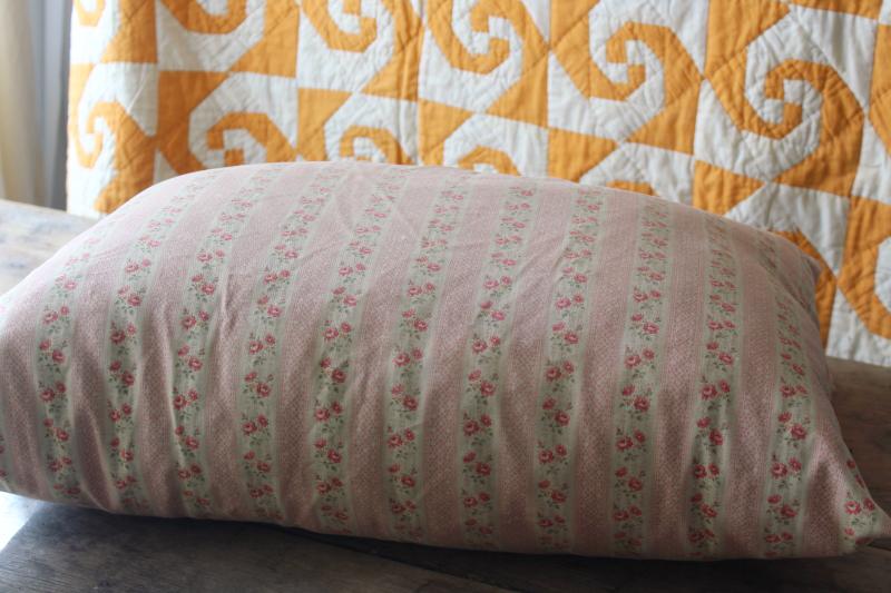 photo of vintage chicken feather pillow, pink & white print floral striped cotton ticking fabric #3