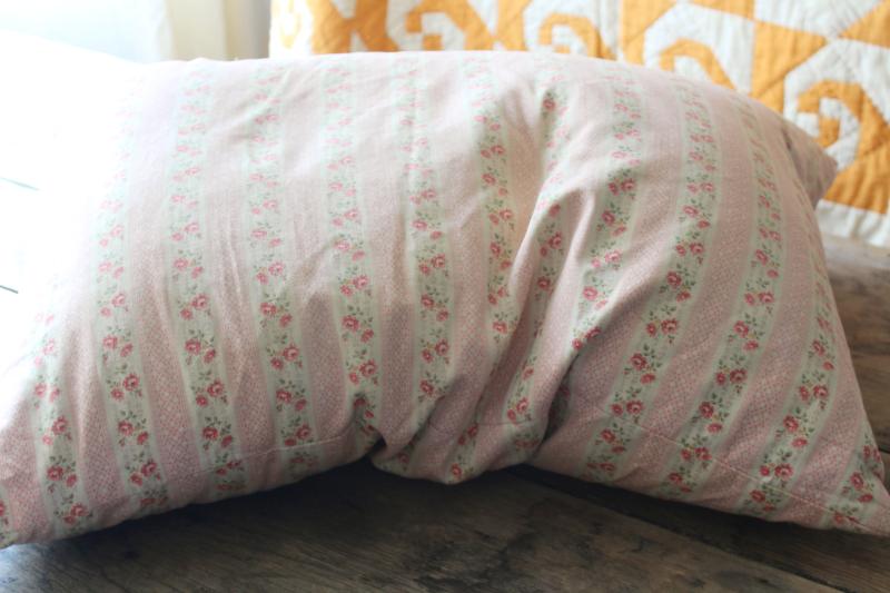 photo of vintage chicken feather pillow, pink & white print floral striped cotton ticking fabric #8