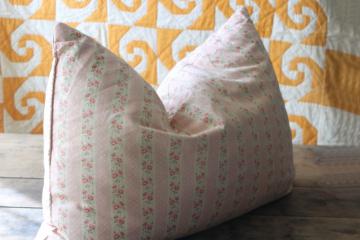 catalog photo of vintage chicken feather pillow, pink & white print floral striped cotton ticking fabric