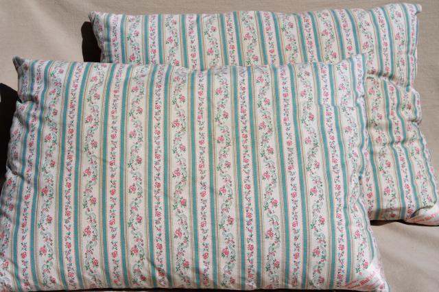 photo of vintage chicken feather pillows w/ pretty flowered cotton ticking fabric #1